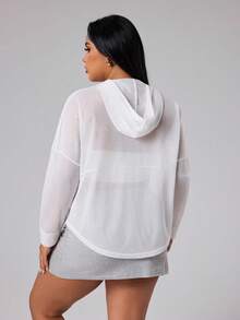 Rhythm Era Plus Size Women's Solid Color Drop Shoulder Long Sleeve Zipper Front Drawstring Hooded Sports Jacket - White - View 2