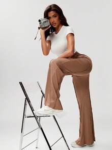 Denimoi Low Rise Rib Knit Flare Pants With Seam Details Sexy Bottoms Casual Loungewear Cozy Pants - Mocha Brown - View 6