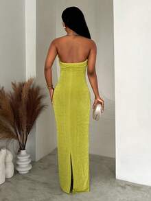 SHEIN BamGlam Sexy Temperament Backless Deep V-Neck Long Dress - Olive Green - View 2