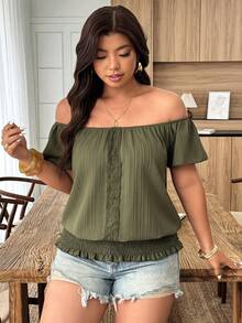Weeklong Blusa de mujer talla grande de hombros descubiertos con textura de tela y ribete de volantes en unicolor, adecuada para uso diario y commuting en primavera/verano - Verde militar - Ver 5