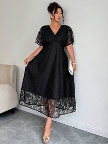 Elenzga Plus Size Women's Elegant V-Neck Lace Dress With Waist Cinching, Suitable For Wedding, Party And Banquet, Spring/Summer - Black - View 4