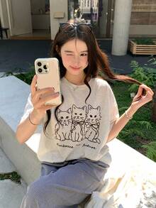 DAZY Women's Retro Cute Bow Tie Cat Short Sleeve Loose Cotton Casual T-Shirt - Grey - View 9