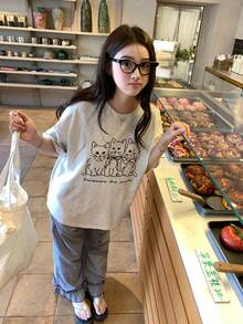 DAZY Women's Retro Cute Bow Tie Cat Short Sleeve Loose Cotton Casual T-Shirt - Grey - View 10