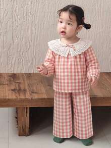 DAZY 女童格子领彼得潘领衬衫和裤子两件套睡衣 - 淺粉色 - 查看 2