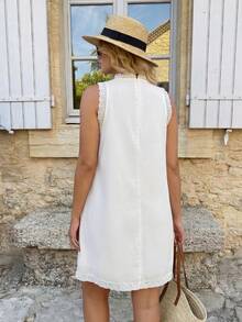 Dripcurv Casual White Halter Neck Sleeveless Tunic Dress Short Embroidery Plus Size Resort Wear - White - View 2