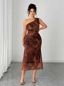 Elenzga Plus Size Mesh Floral Print Asymmetrical Shoulder Dress Summer Dress Women's Floral Dress - Coral Orange - View 4