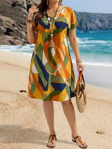 EMERY ROSE Đầm cánh dơi tay dài in hoa nhiều màu sắc cỡ lớn, trang phục đi nghỉ mát thường ngày cho nữ, trang phục mùa hè cho nữ / Mùa hè / Quần áo mùa hè, trang phục nữ phong cách Boho - xanh quân đội - Xem 3