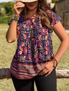EMERY ROSE Plus Size Women Floral Print Ruffle Sleeve Casual Blouse Summer Tops   Summer Outfits Summer Clothes Spring Dress Spring Outfit Women Spring Clothing Beach Vacation Outfits For Women Vacation Dress Bohemian - Multicolor - View 6