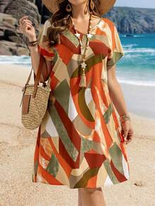 EMERY ROSE 大码彩色印花蝙蝠袖休闲度假连衣裙，女士夏季穿搭/夏季/夏季服装，波西米亚风女装 - 咖啡棕 - 查看 1
