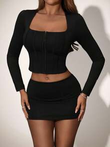 SHEIN ICON 2pcs/Set Women Fitted Faux Fishbone Waist Cinching Square Neck Long Sleeve Button-Up T-Shirt And Bodycon Skirt Black 2 Piece Set Sexy Skirt Set Black Skirt Set - Black - View 5