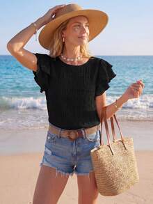 Sylviya Solid Butterfly Sleeve Blouse,Short Sleeve Tops - Black - View 4