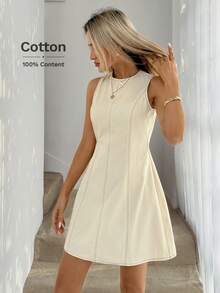 Easowa 女士纯色圆领休闲无袖短连衣裙 - 杏色 - 查看 2