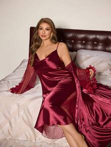 Slumberist Plus Size Women's Satin Pajama Set: Side Splice Sexy Polka Dot Mesh V-Neck Nightgown, Robe Cuff Splice 3D Ruffle Curve Nightgown - Burgundy - View 5