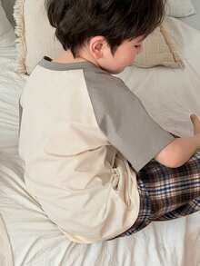 DAZY Young Boy Letter & Cartoon Animal Print Short Sleeve Top And Plaid Pants Pajama Set - Apricot - View 2