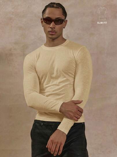 Musero Men Slim Fitted Long Sleeve Lightweight Crew-Neck T-Shirt Top Autumn Winter Essentials Capsule Wradrobe Layering