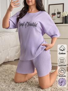 SHEIN 女士纯棉加大码两件套罗纹针织紫色撞色字母圆领短袖衬衫和短裤家居服舒适休闲睡衣套装 - 紫色 - 查看 3