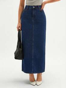 RueChic High Waist Slant Pocket Denim Skirt - Medium Wash - View 7