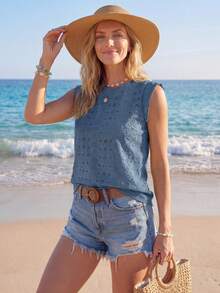 Sylviya Women's Solid Color Burnout Embroidery Crew Neck Loose Casual T-Shirt,Casual - Royal Blue - View 1