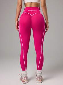 Sovereign Charm 女士字母印花高腰休闲健身紧身裤 - 玫紅色 - 查看 2