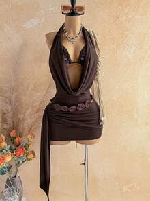 Soleia Đầm ngắn không tay cổ yếm màu trơn dành cho nữ, kiểu boho, xếp ly, khoét lỗ, phong cách bohemian, thích hợp cho kỳ nghỉ, mùa thu, vintage, lễ hội. - màu nâu - Xem 6