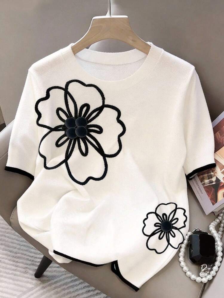 SHEIN 少女T恤 花卉印花 圆领 短袖 休闲百搭 - 黑與白 - 查看 3