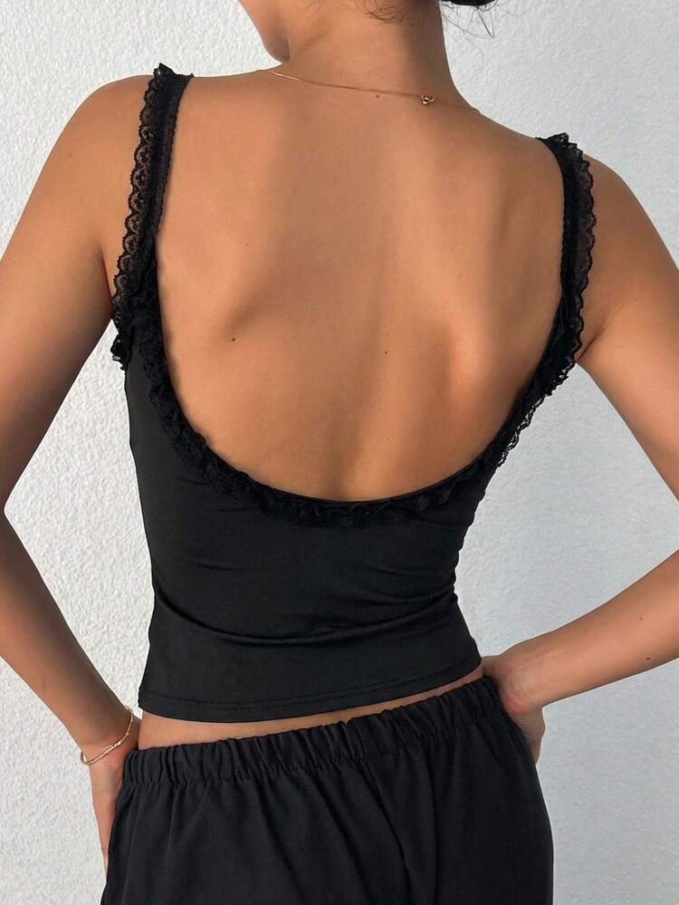 Women's Solid Color Lace Trim Fitted Casual Everyday Top