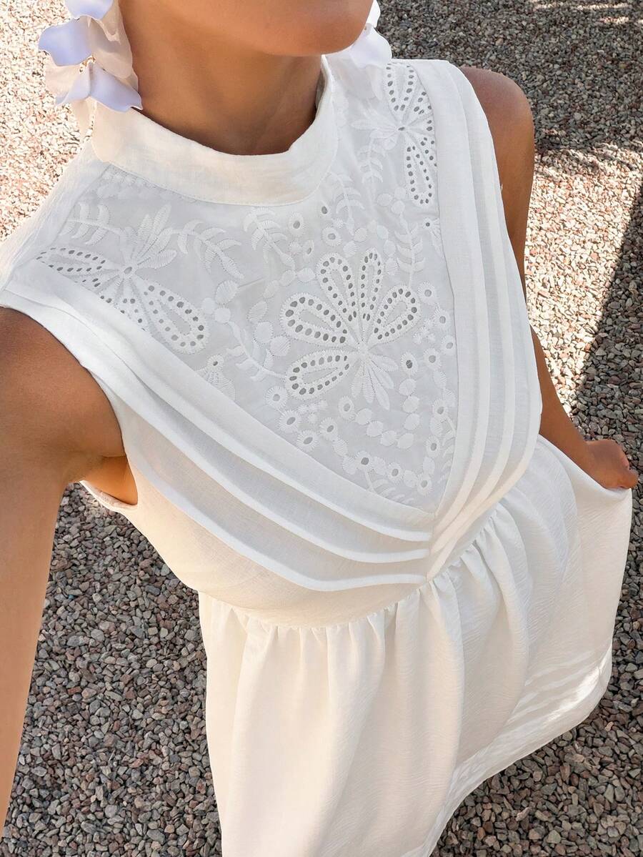 Livesso Holiday Outfit White Sleeveless Mock Neck Cinched Waist Midi Dress For Women, Summer Sundress - White - View 1