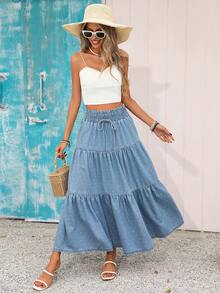 Vivid Eden 女士度假牛仔裙，荷叶边裙摆，腰带，波点图案 - 淺色水洗藍 - 查看 1