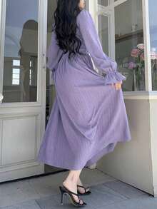 Feyla Đầm nữ thanh lịch, màu trơn, thắt eo chéo, thích hợp đi làm. - Màu tím - Xem 5
