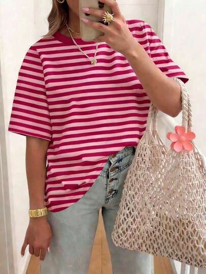 EMERY ROSE Striped Round Neck Casual Short Sleeved T-Shirt, Plus Size Women's T-Shirt, Summer