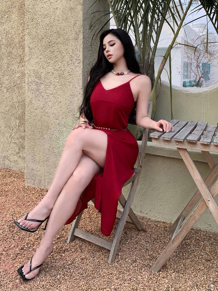 Women's Elegant Solid Color Spaghetti Strap Mid-Length Dress, Summer Maxi Dress Sundress