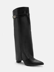 Glitzique Fall/Winter 2025 Spring/Summer New European & American Pointed Toe Tall Boots Women, Slim Fit Straight Leg Shaft Boots, Wedge Heel Riding Boots - Black - View 8