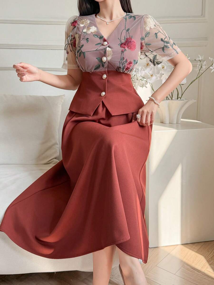 DAZY 女士优雅刺绣花卉拼接衬衫和半裙两件套,春夏款 - 鏽棕色 - 查看 1