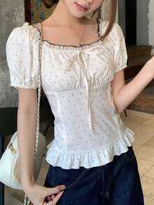 FRIFUL Áo kiểu nữ dáng suông họa tiết chấm bi, có bèo nhún, thích hợp cho mùa hè. - Màu be - Xem 7