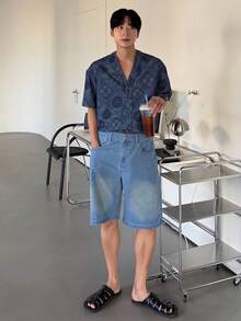DAZY Áo sơ mi denim tay ngắn in họa tiết hoa điều màu xanh dương mùa hè dành cho nam - Màu xanh lam - Xem 3