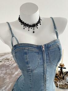 Elamini 女士拉链修身牛仔吊带背心 - 藍色 - 查看 5