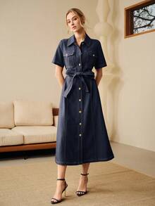 Anewsta 优雅复古休闲通勤 Polo 领短袖金属纽扣装饰衬衫裙，女士长款连衣裙配腰带 - 深色水洗藍 - 查看 7