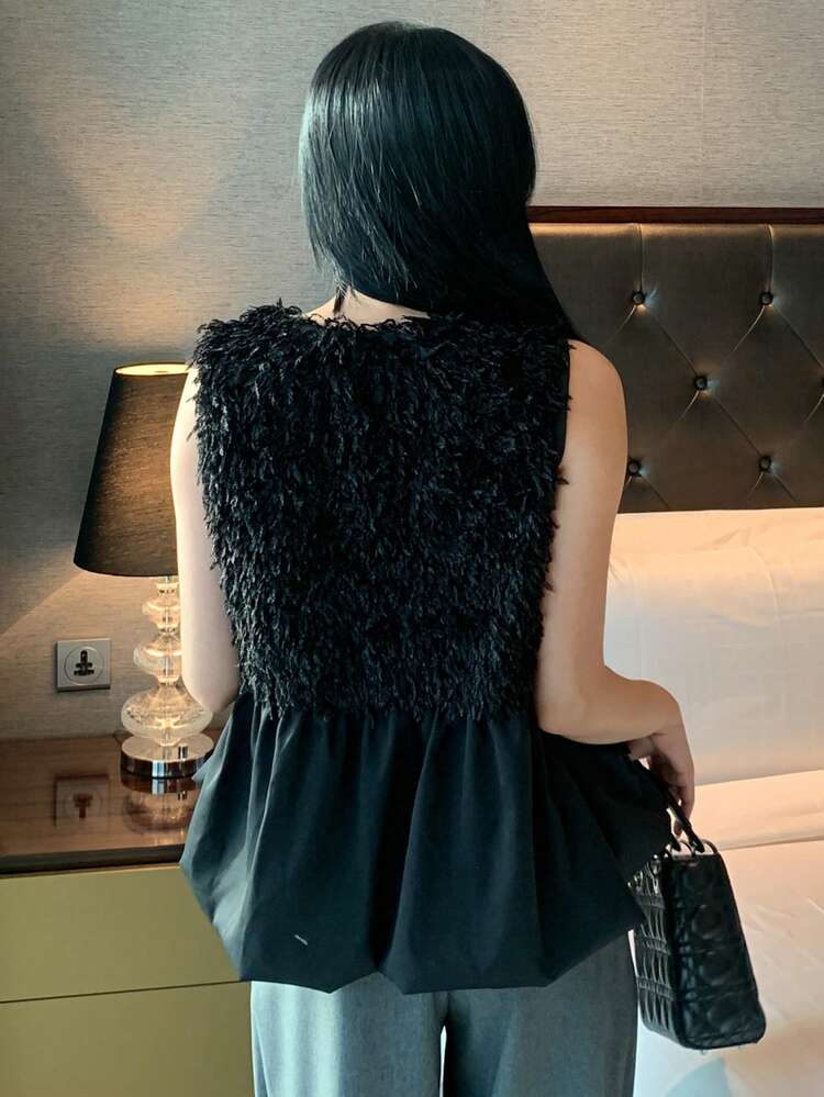 Women's Solid Color Faux Fur Patchwork V-Neck Ruffle Hem Fashion Tank Top