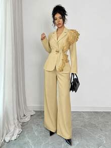 Elenzga 女士秋冬正式优雅奢华亮片雪纺拼接荷叶边领系带套装：修身长袖西装外套+直筒裤，带口袋，酒红色 - 卡其色 - 查看 6