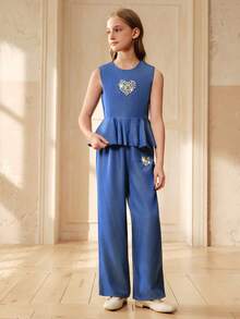 SHEIN Genkimix Kids Áo tank top bèo nhún hình trái tim và quần ống rộng kiểu jeans đính đá cho bé gái. - Màu xanh lam - Xem 9