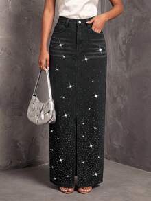 SHEIN BAE Women's Rhinestone Embellished Pocket Long Denim Skirt Party Luxury Diamond Sparkling Pearl - Black - View 3
