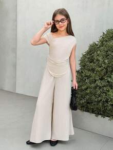 Firerie Kids 2pcs/Set Tween Girls Asymmetric Shoulder Top + Loose Wide Leg Pants Casual Fashion Versatile Outfit - Apricot - View 3