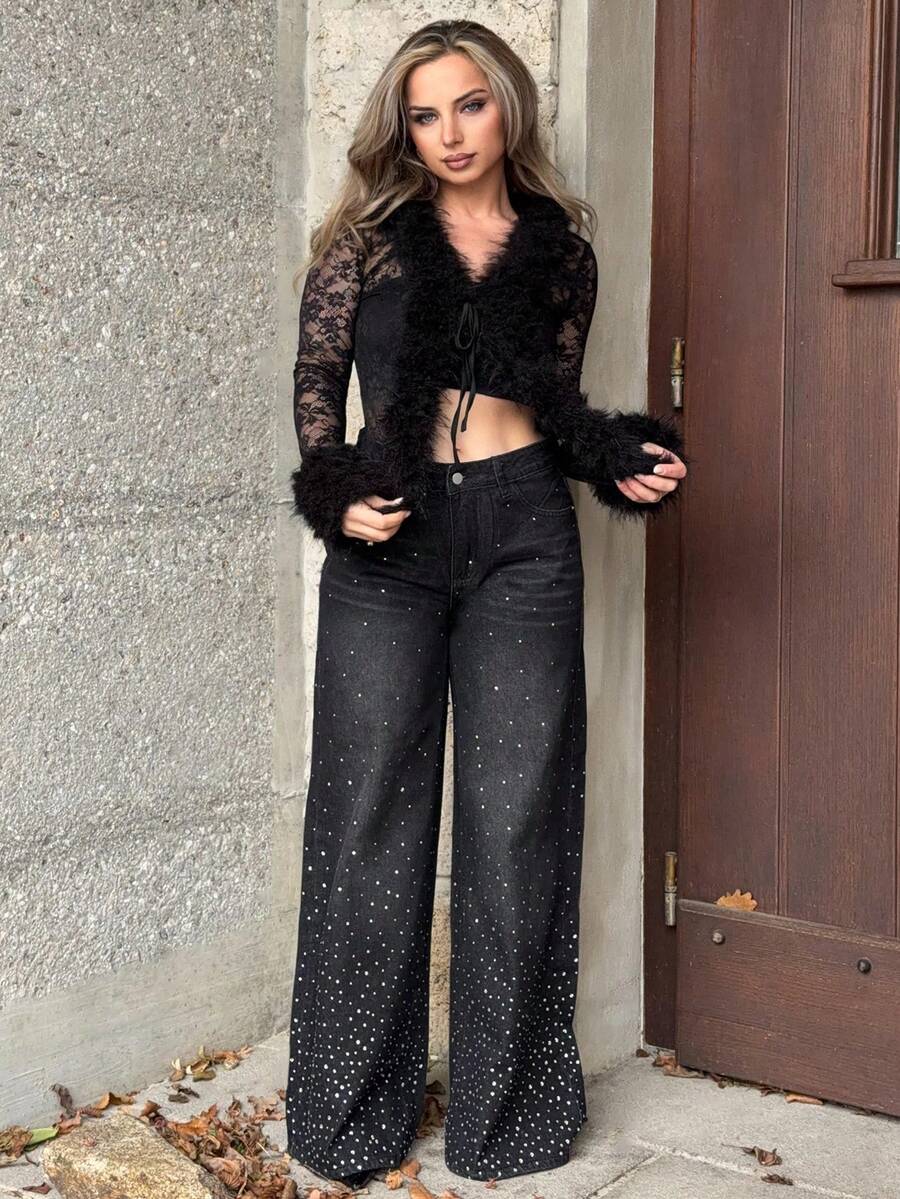 Jeta Ari 女式低腰休闲 Y2K 水钻装饰阔腿直筒牛仔裤 - 黑色 - 查看 1