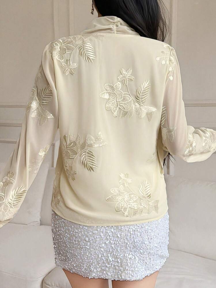 Women's Elegant Commuter Solid Color Sequin Floral Embroidery Collar Tie Blouse Summer