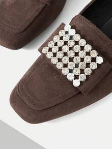 Mnmlis Mocasines de mujer con tacón grueso de moda, decorados con rhinestones y punta cuadrada de gamuza - Café integral - Ver 5