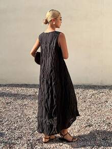 Livesso Women's V-Neck Casual Loose Straight Lace Chiffon Beach Dress, Elegant For Commuting, Spring & Summer - Black - View 6