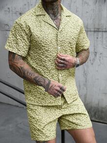 Manfinity CasualCool 男士花卉提花短袖衬衫短裤休闲套装，适合度假、夏季穿着，男士两件套夏季套装，男士短袖衬衫短裤套装，复古风格，日常休闲、周末旅行、远足旅行、轻松的工作环境，男友/丈夫礼物，周年纪念/生日礼物，派对、夏季假期、婚礼男士服装短裤套装 - 綠色 - 查看 6