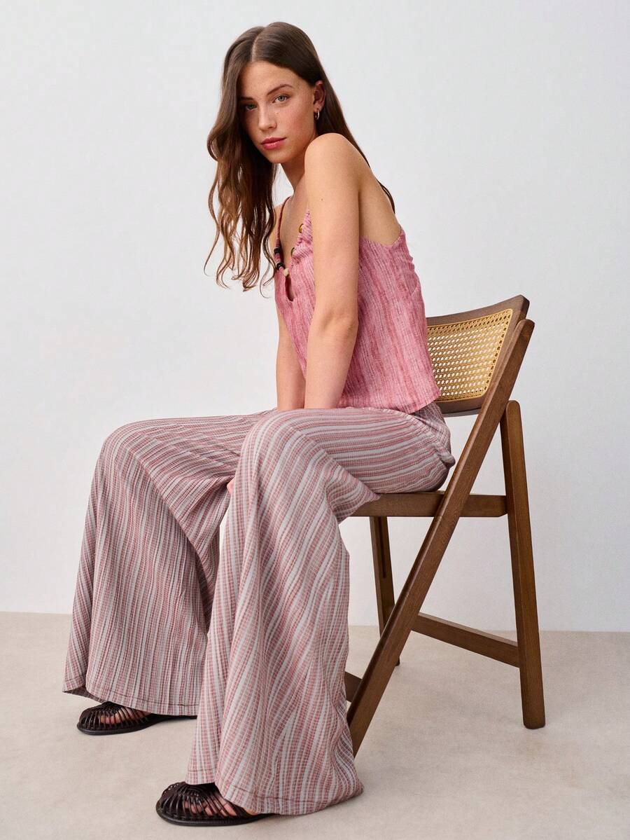 Nöista 条纹中腰裤，松紧腰带，宽松版型。舒适百搭，是春夏装扮、复活节造型、休闲穿着和度假装扮的理想之选。 - 粉色 - 查看 1