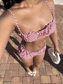 Alexandranx 两件套女士格子荷叶边露脐吊带背心和短裤套装 - 白色 - 查看 4