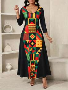 SHEIN Lady Đầm dài nữ cổ tròn in họa tiết hình học, thắt eo thanh lịch, thích hợp cho các buổi hẹn hò và tiệc tùng. - màu đen - Xem 6